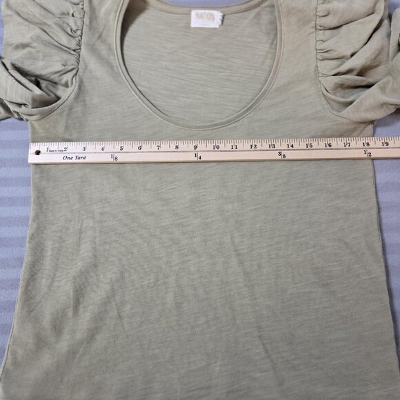 Nation LTD Shirt Womens Medium Green Puff Ruched Sleeve Scoop Neck Cotton Top - Picture 6 of 9